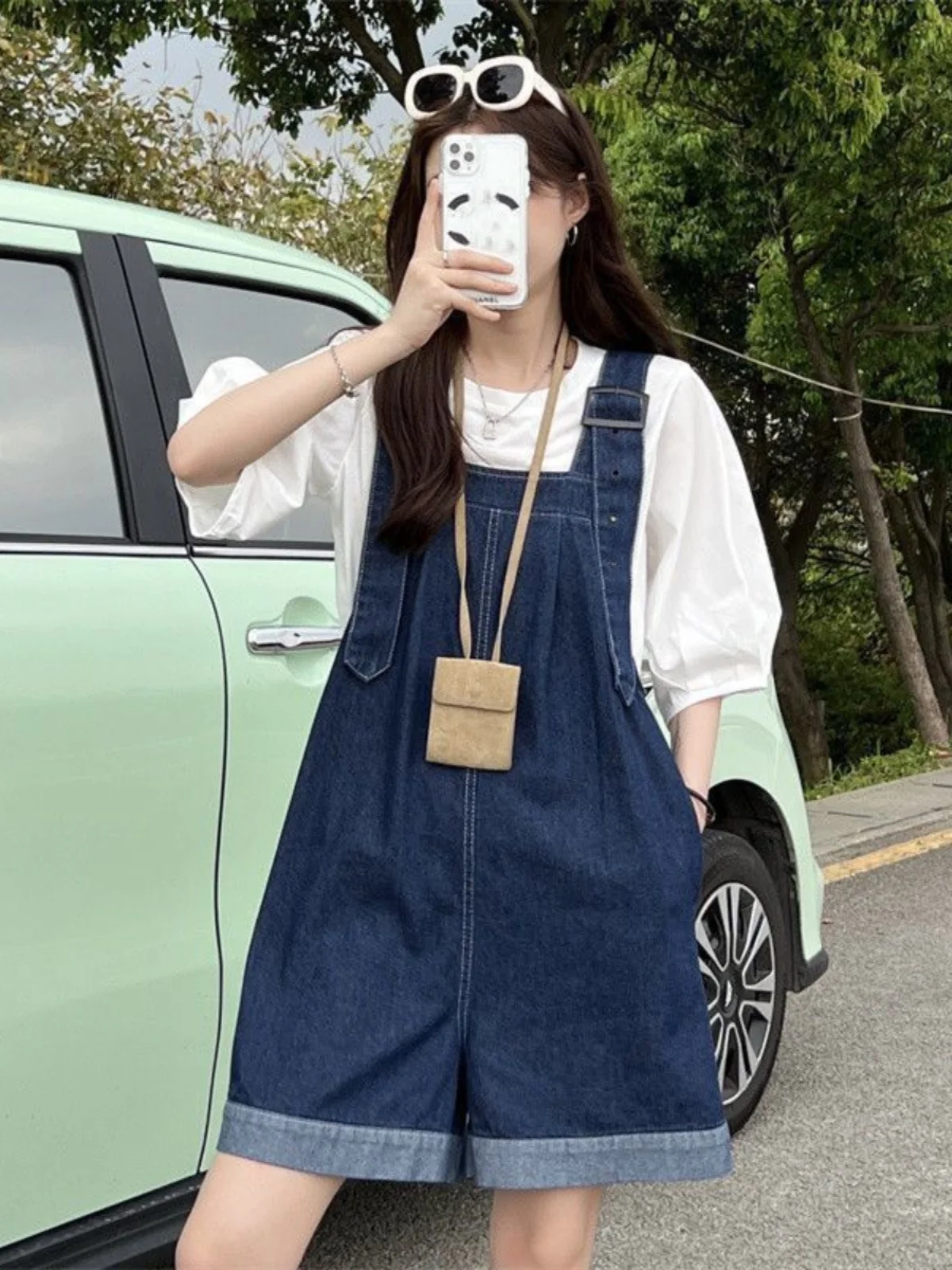 plus Size Denim Overalls Women's Summer Thin Design Loose Cuffed Wide Leg Shorts High Waist Short Pants Deep Color Jeans