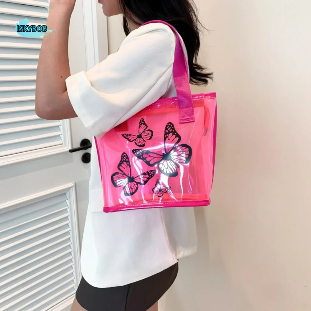 

Simple Butterfly Printing Clear Tote Bag Large Capacity Portable Handbags Waterproof PVC Jelly Transparent Shoulder Bag Beach