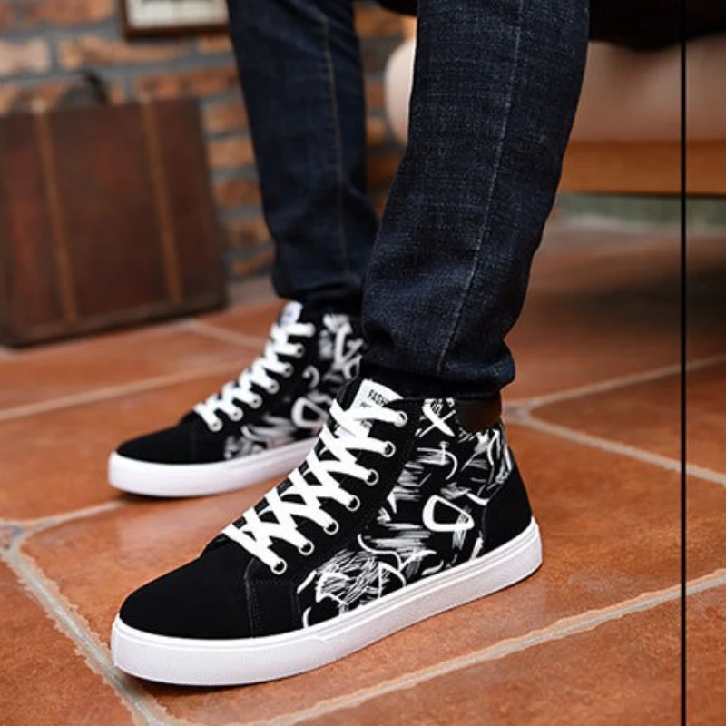 

Большой размер, весна и осень, новые мужские повседневные туфли на плоской подошве с высоким берцем, универсальная модная и модная парусиновая мужская обувь