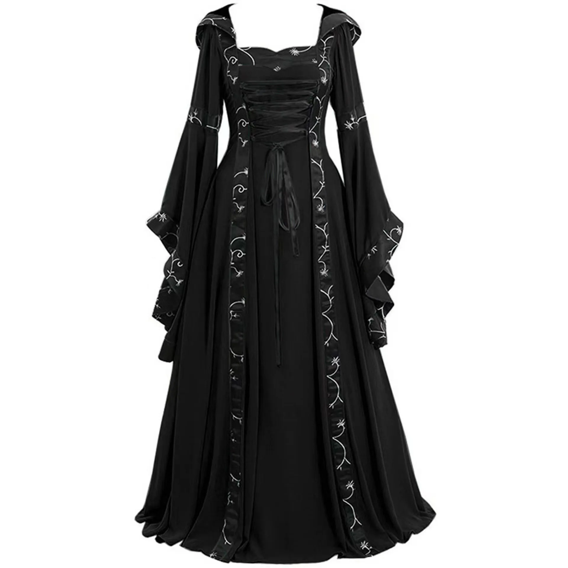 Abito da donna vintage retrò con lacci a maniche lunghe fino al pavimento abito medievale costume di Halloween per abbigliamento da donna da festa