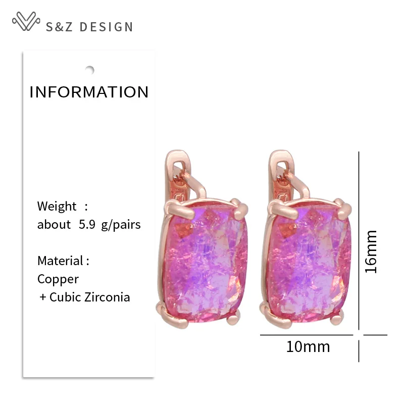 S&Z DESIGN New Fashion Rectangle Ice Crack Crystal Dangle Earrings For Women 585 Rose Gold Color Wedding Jewelry Eardrop