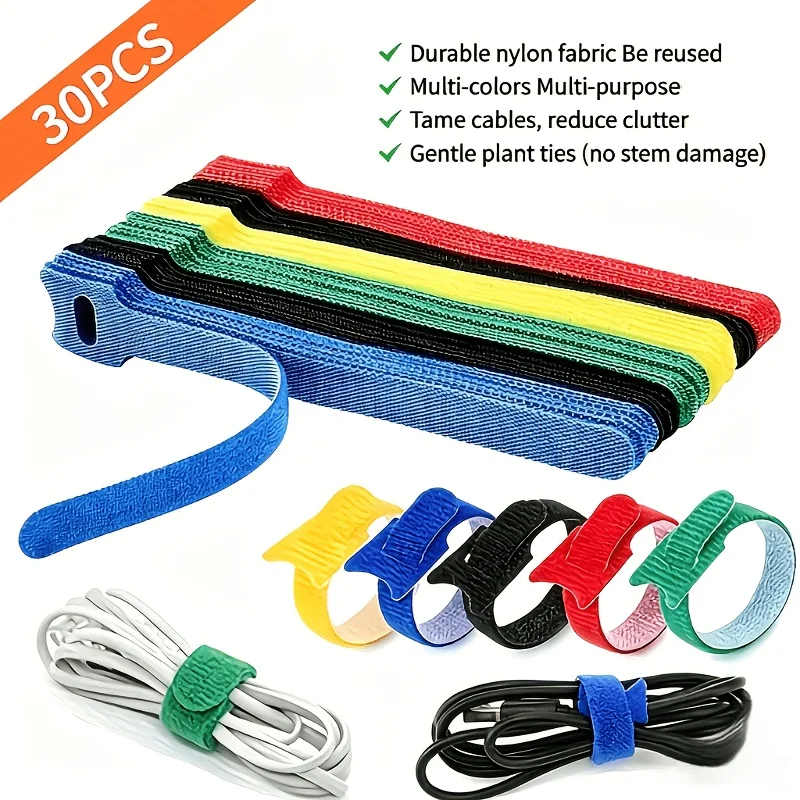 30 Pack Reusable Hook and Loop Cable Straps, Multi Color Adjustable Self-Gripping Cord Organizer Wraps, Back to School Supplies