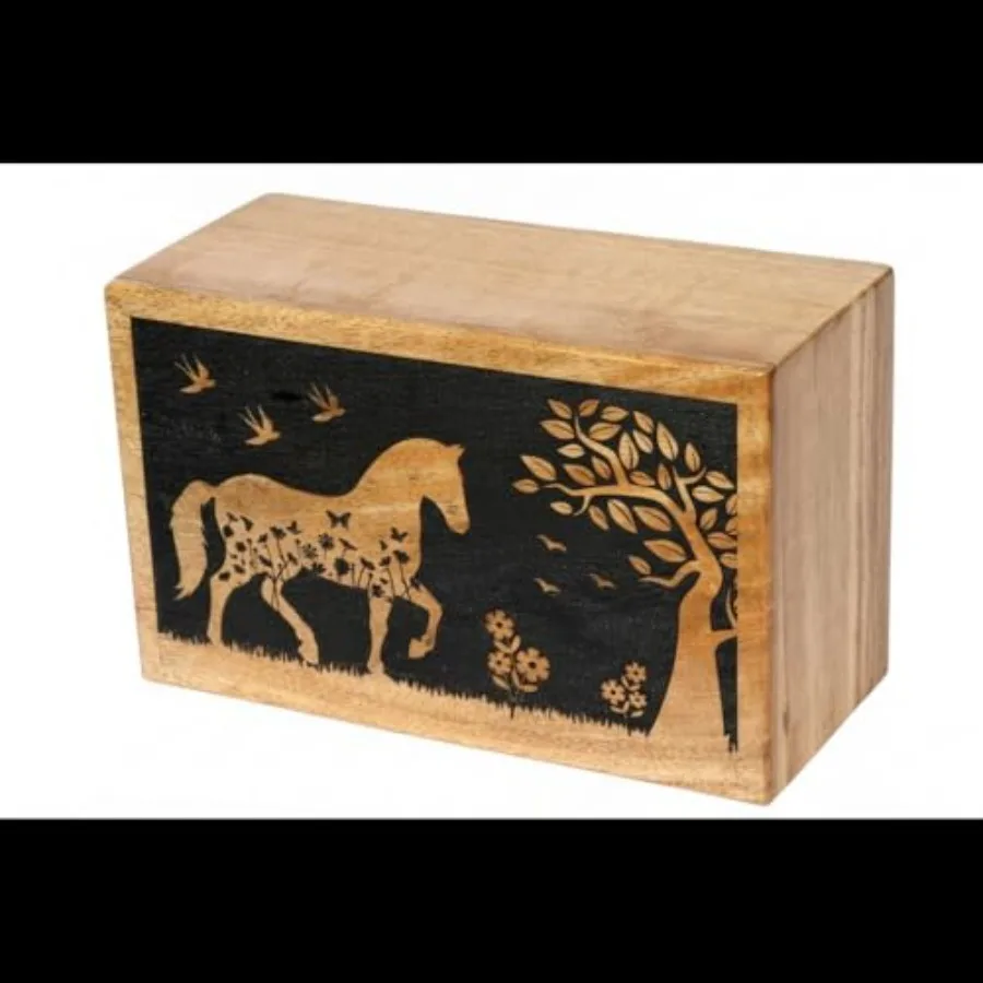 

Handcrafted Wooden Horse Cremation Urn for Human Ashes Large Adult Funeral Box 9X5.5X4.5,natural wood, warm brown, artisan-carv