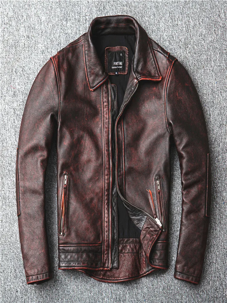 Top Layer Cowhide Leather Jacket Men Genuine Leisure Corium Coat Vintage Distressed Spring Autumn Motorcycle Swallow Tailed Suit