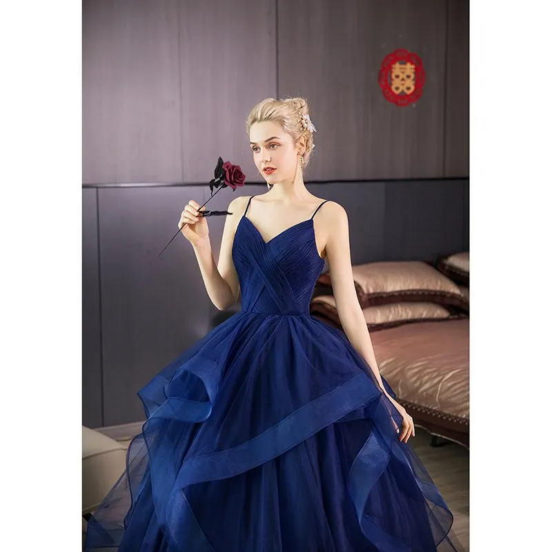 Gaun pesta mewah Quinceanera biru gaun pesta Prom kerah v gaun pesta elegan tali Spaghetti Vestidos De 15 Anos Quinceanera disesuaikan