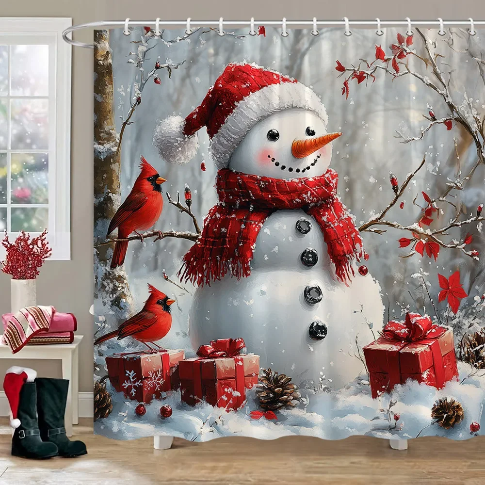 Christmas Snowman Shower Curtain Pink Candy House Santa Claus Christmas Gift Polyester Shower Curtains Bathroom Decor With Hoo