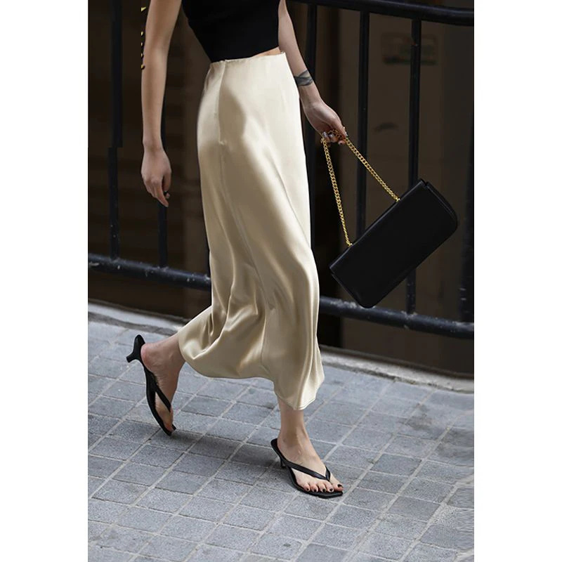 2024 Summer Women Elegant Fashion Satin Vintage High Waist Party Skirts Office Lady Luxury Solid Sexy Split Slim Midi Skirt Saia