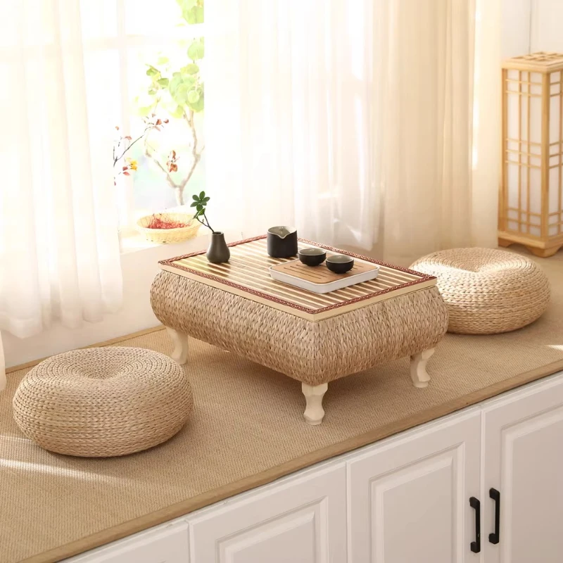 

Чайный столик из натурального плетения из ротанга, журнальный столик с татами из массива дерева, напольный стол в стиле дзен, центральный стол для медитации с местом для хранения в комнате