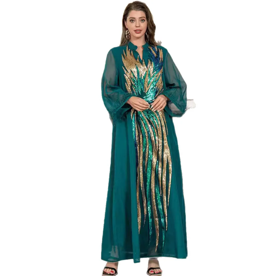 

Embroidered V Neck Luxury Dress Long Sleeve Sequin Embellished Dress Feather Beaded Maxi Dress Modest Long Robe Islamic Abaya