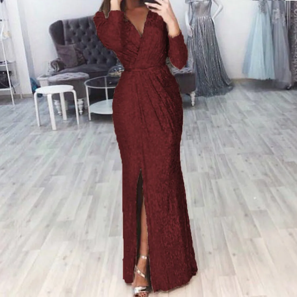 Elegant Women V Neck Long Sleeve Party Long Dress Autumn Winter Fashion Sequin Waist Sexy High Split Casual Slim Maxi Dresses