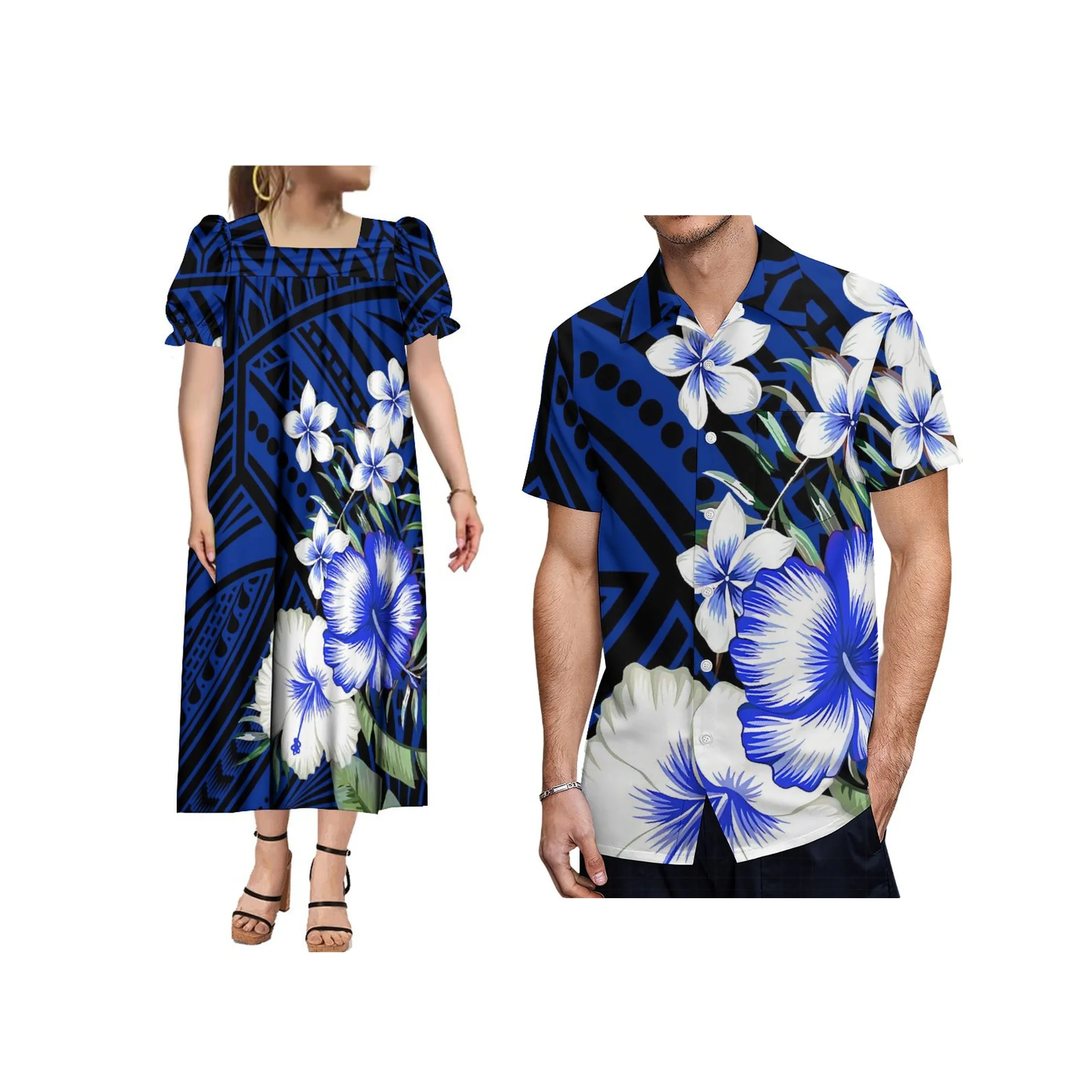 New Hot Sale Hawaii Island Polynesian Print Women Square Neck Puffy Casual Dress Custom Logo Micronesian Mumu Dress