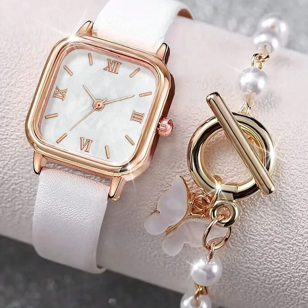 Luxury Women\'s Watch Luxury Elegant Alloy Watch PU Leather Strap Women\'s Watch Quartz Watch Pearl Bracelet NOBOX