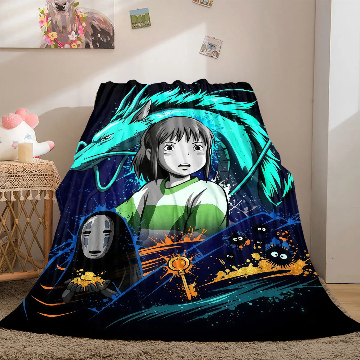 Spirited Away Künstlerische 2D-Druck-Flanelldecke, Cartoon-Motiv für Stuhl, warme Bettwäsche, Reisezubehör_LIAN