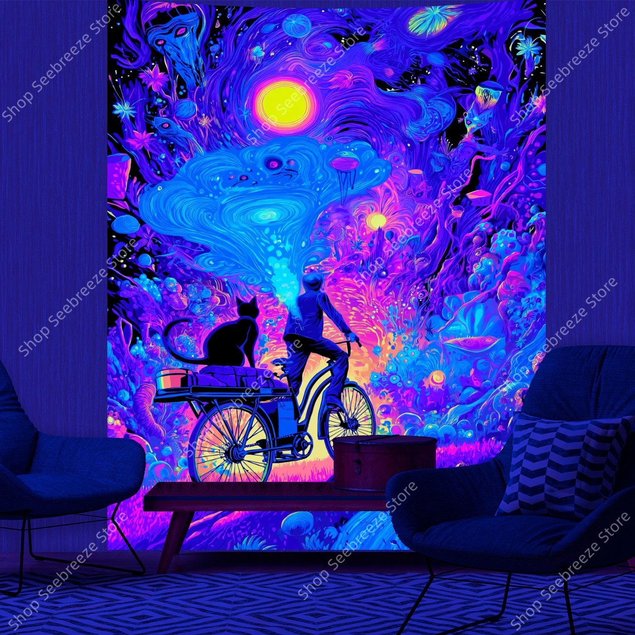 Surreal Bike Rider with Black Cat UV Tapestry Vibrant Psychedelic Sun and Mystic Plants Bohemian Wall Hanging for Bedroom Decor