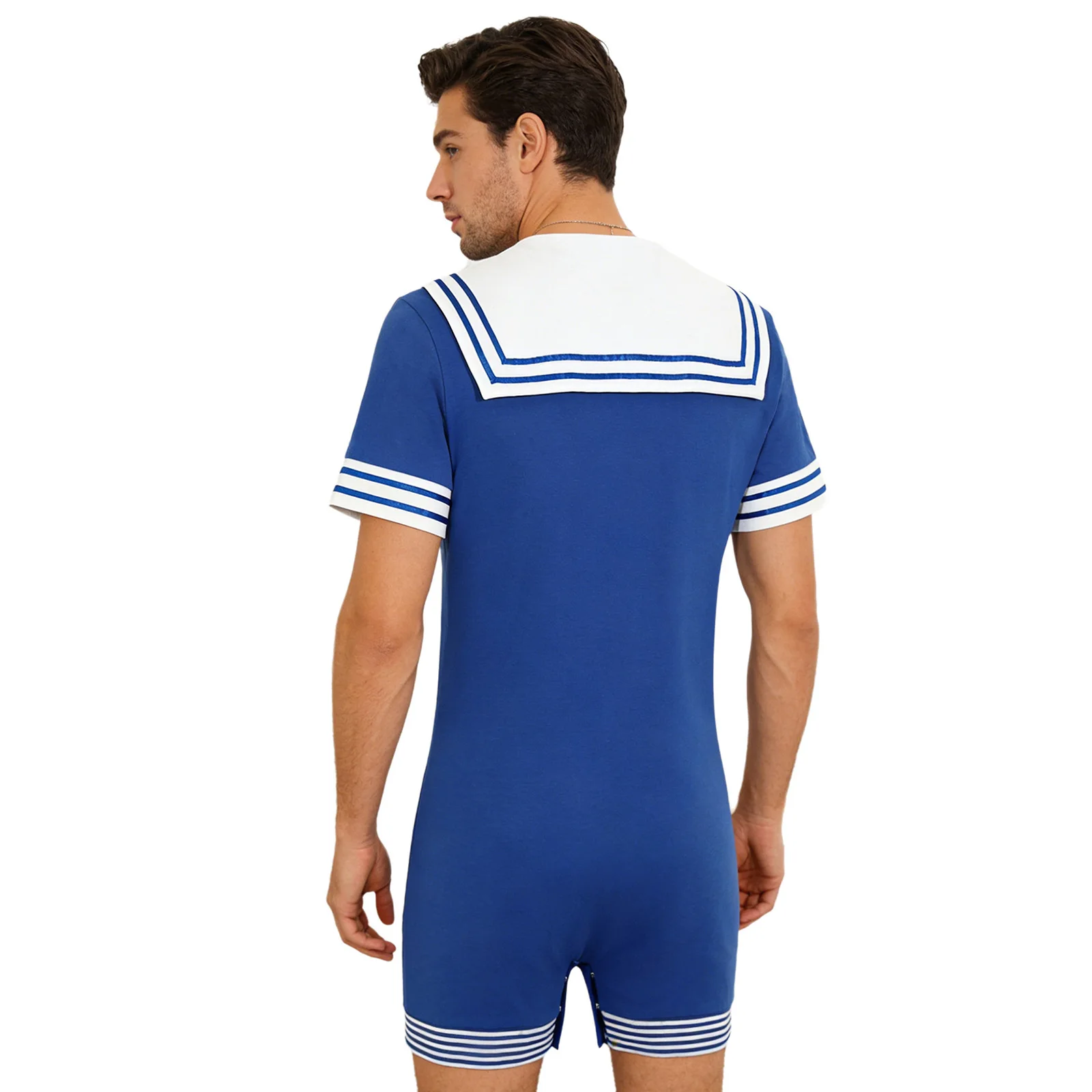 Men Pajamas Sailor Style Pajamas Bodysuit Navy Collar Short Sleeve Button Crotch Jumpsuit for Party Lounging Sleeping Home Wear
