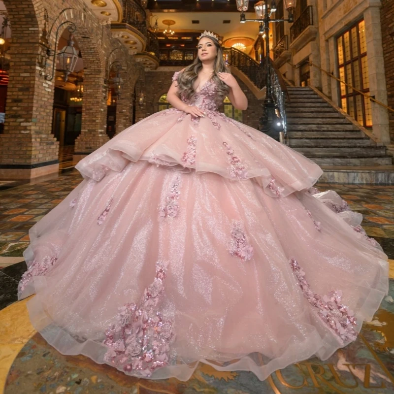 

Pink Shiny Quinceanera Dresses Ball Gown Off The Shoulder Applique Flower Beads Tull Corset Party Birthday Sweet 16 Vestidos De