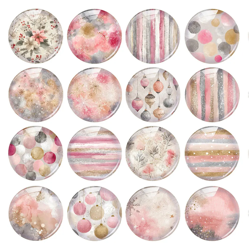 Random Mixed Round/Oval/Square Pink Christmas Pattern Bell Photo Glass Cabochon Flatback Demo Cameo For Diy Jewelry Making