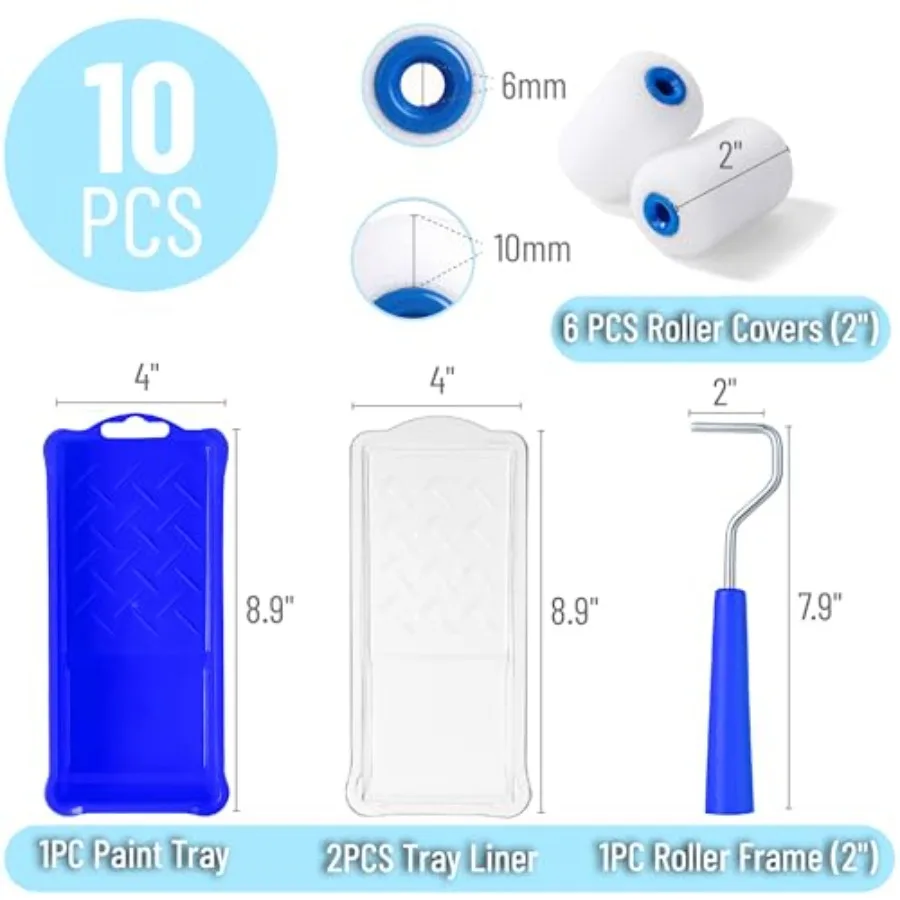 Bates- 2 Inch Foam Paint Roller Kit, 10 Pack Small Paint Roller Kit 1x Plastic Paint Tray 2x Clear Disposable Tray Liners 1x Ro view 2