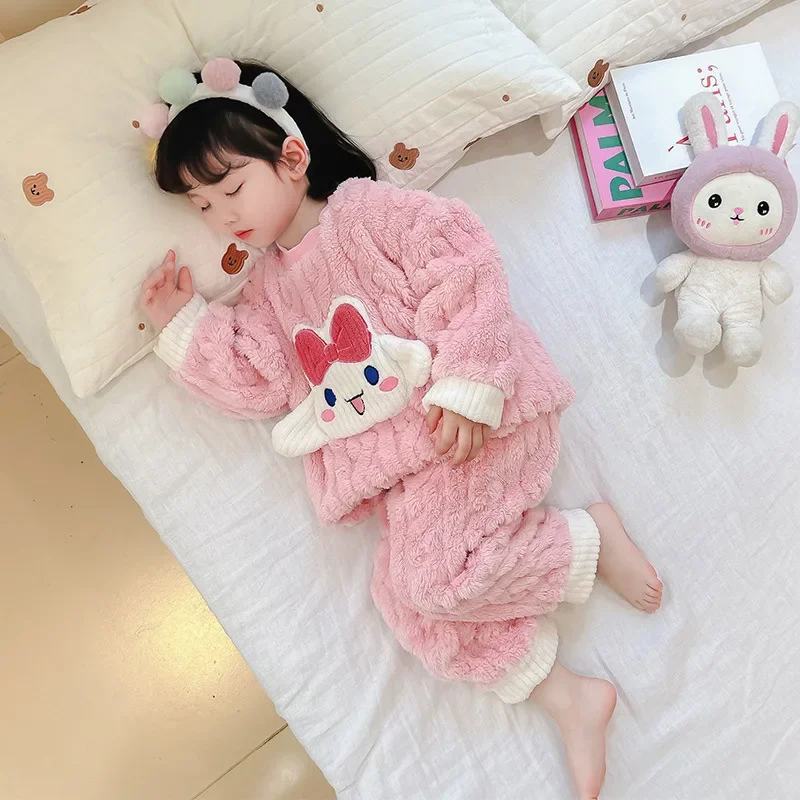 Doce cinnamoroll anime sanrio linda boneca crianças camisa de flanela calças pijama bonito kawaii grosso coral veludo homewear pano brinquedo