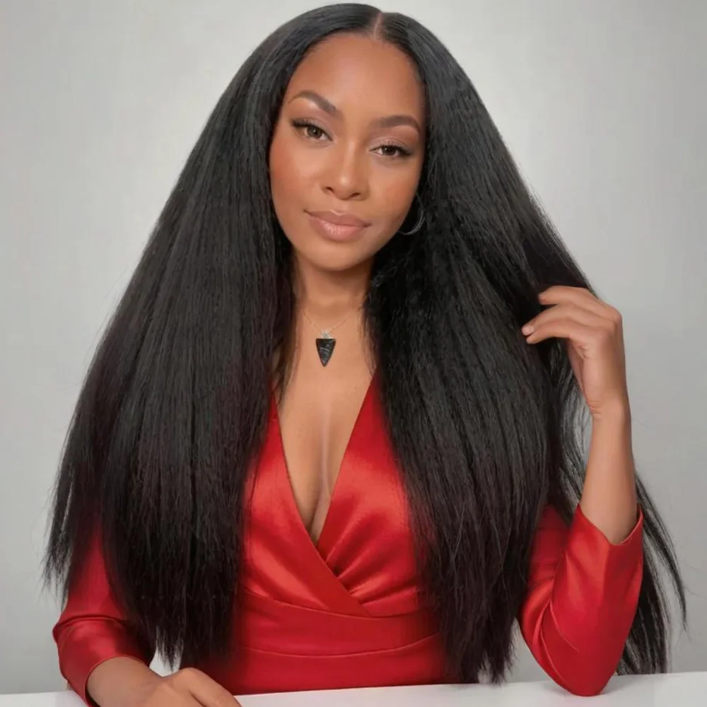 

Natural Black Kinky Straight V Part Wig 200% Density No Leave Out Glueless 32 Inch Brazilian Upgrade Human Hair Wigs For Women