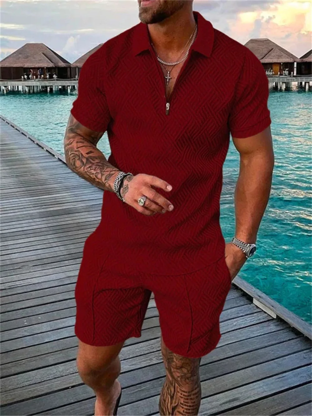 Solid Color Luxury Style Men's Polo Sets V-neck Zipper Polo Shirt Shorts Tracksuits Man 2-piece Set Men's Polo Suit Mens Wear view 4