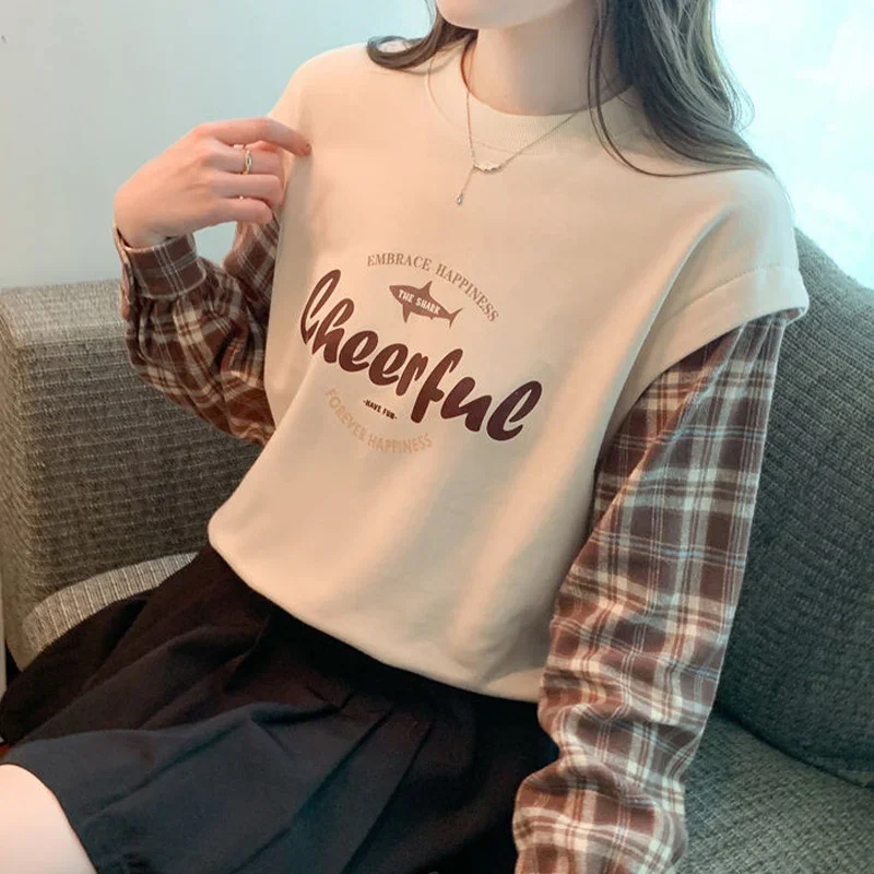 Autumn New Fashion Casual Original Design Fake Two-piece Spliced Long Sleeved Sweatshirt Loose Versatile Young Style Women's Top