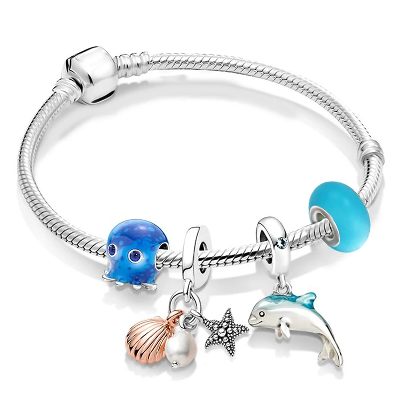 New Beach Ocean Series Charm Bracelets With Silver Plated Snake Chain Bracelet Bangles For Women Men High Quality Jewelry Gift