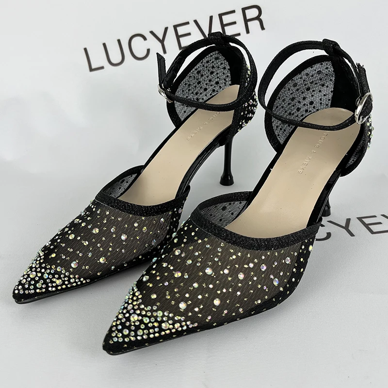 Lucyever Sexy Black Mesh tacchi alti scarpe donna estate 2024 décolleté di cristallo a punta donna lucido cinturino alla caviglia scarpe da festa