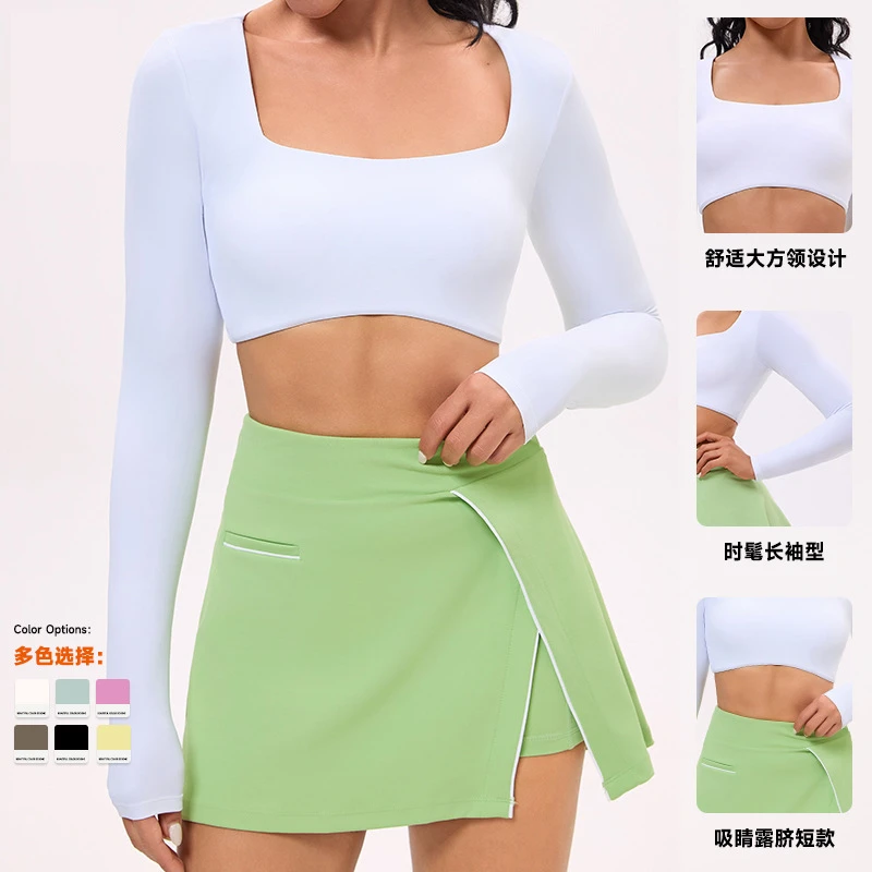 

Long Sleeve Yoga Top Shirt Outdoor Running Wear Tennis Skort with Pocket Gym Workout Clothes Badminton Fitness Sportswear