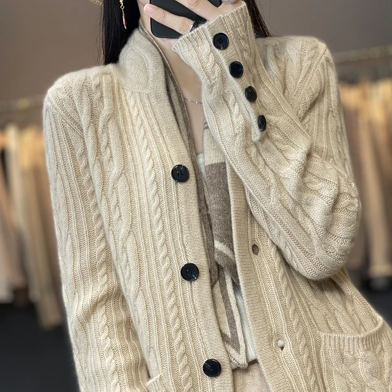 100%Cashmere Wool Sweater Women\'s New Stand Collar Cardigan Casual Knitted Tops European American Fashion High End Female Jacket