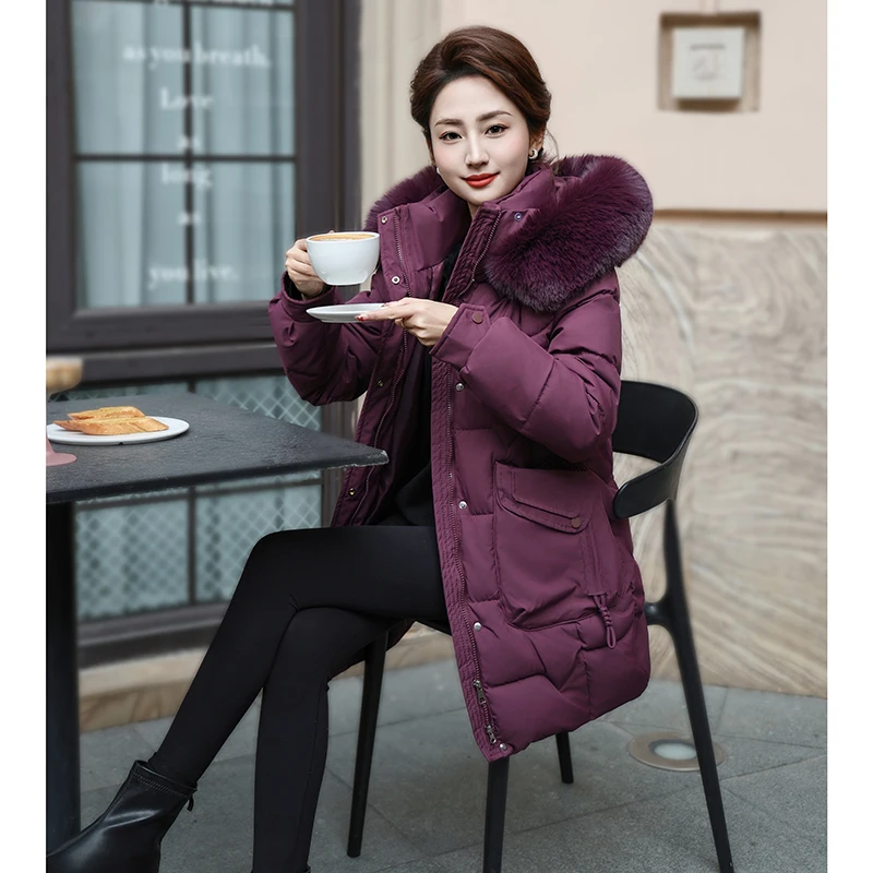 الشتاء Thiened فضفاض المرأة Jaet منتصف العمر أمي القطن معطف Sli منتصف طول سستة إغلاق مقنعين اللون #1