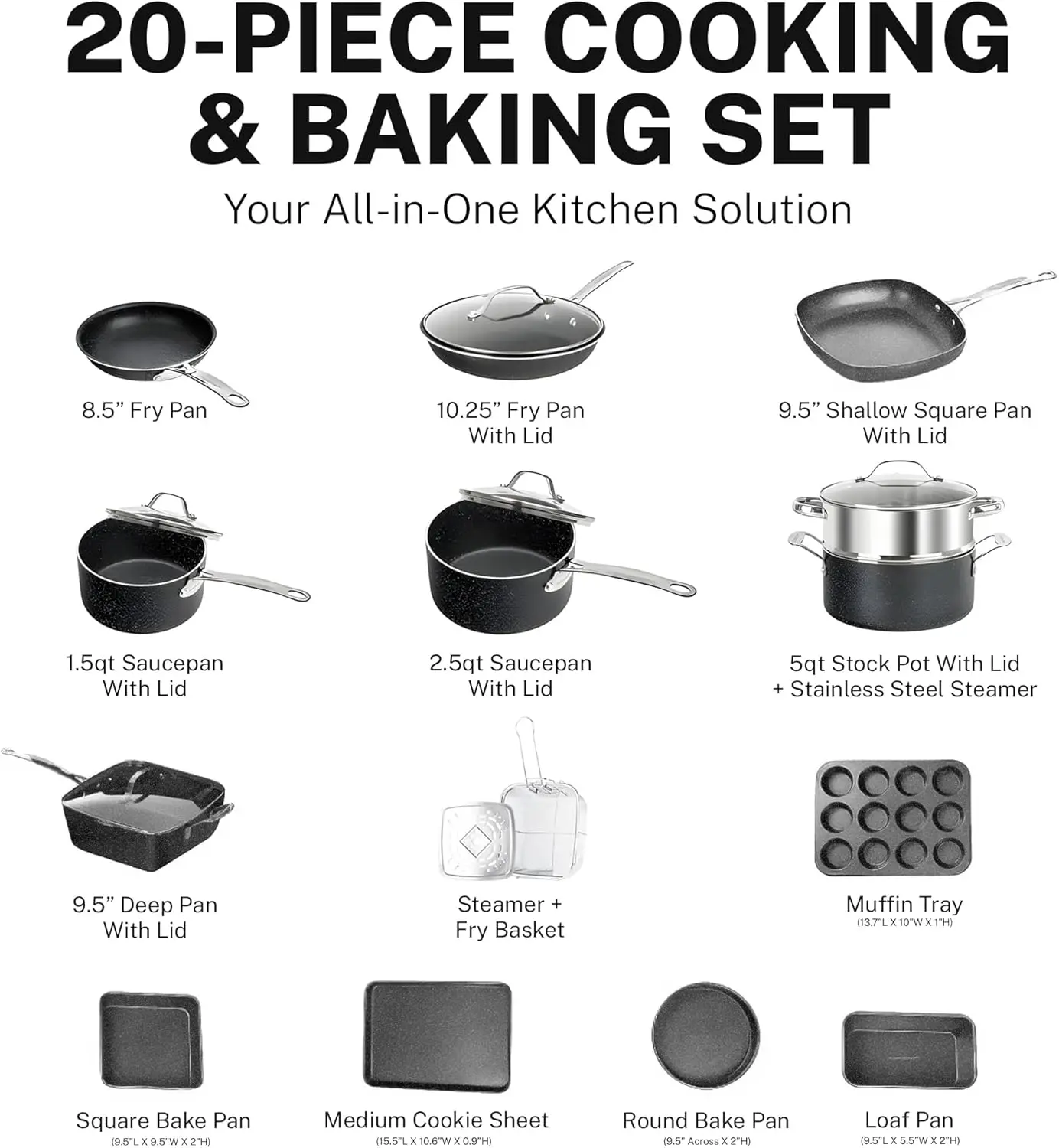 20 Pc Kitchen Pots and Pans Set Non Stick Cookware Set, Kitchen Cookware Sets, Granite Nonstick Cookware Set, Diamond Coated Non