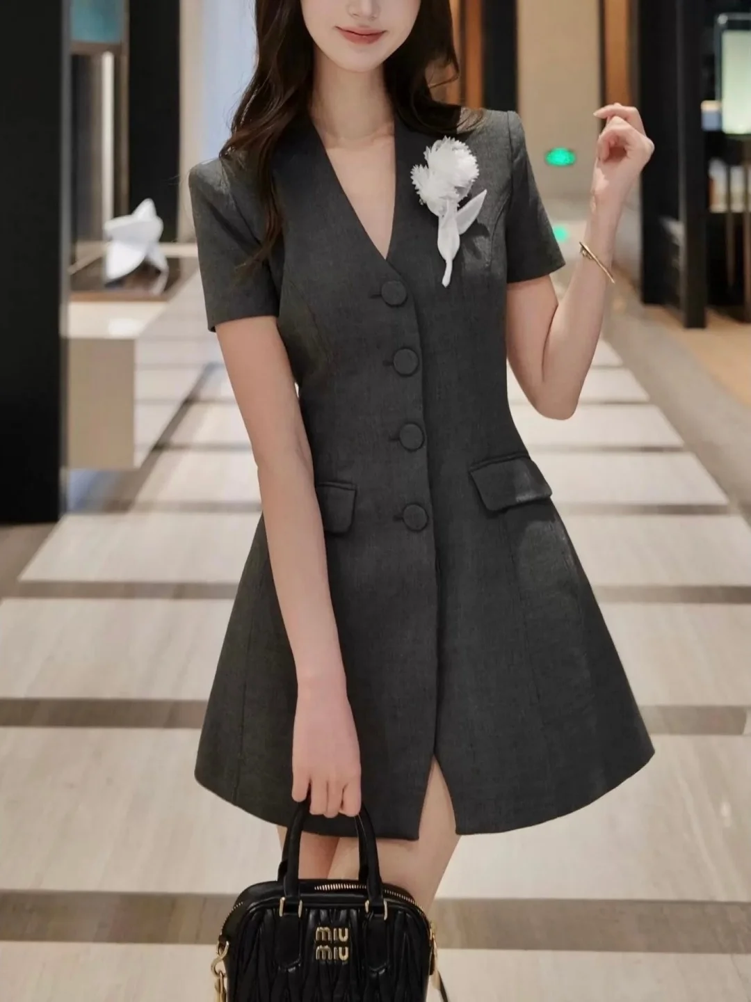 

Spring 2026 ay Floral Pin V-ne Slim Fit Commute Dr High Waist A-line ort Skirt French Sle Knitted Regular Sve