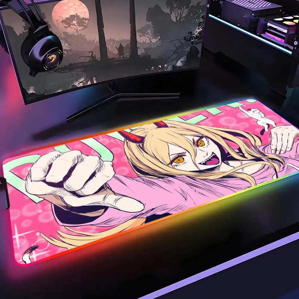 Chainsaw Man Power Mouse Pad Gamer Rgb Desk Mat Back Light Led