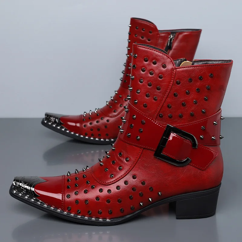 Plus Size 48 Men's Punk Metal Rivet Thick High Heel Ankle Boots Personality Pointed Toe Leather Boots Men Designer Studded Botas