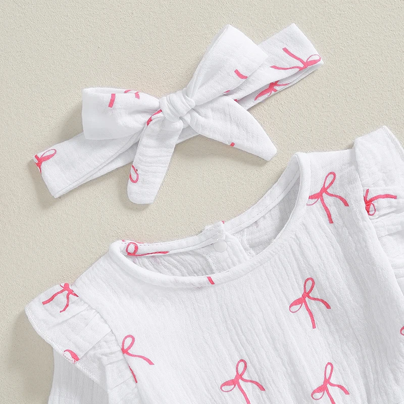 Baby Girls Autumn Outfits Long Sleeve Round Neck Bow Print Romper Dress with Headband Cute 2 Pieces Sets image 4