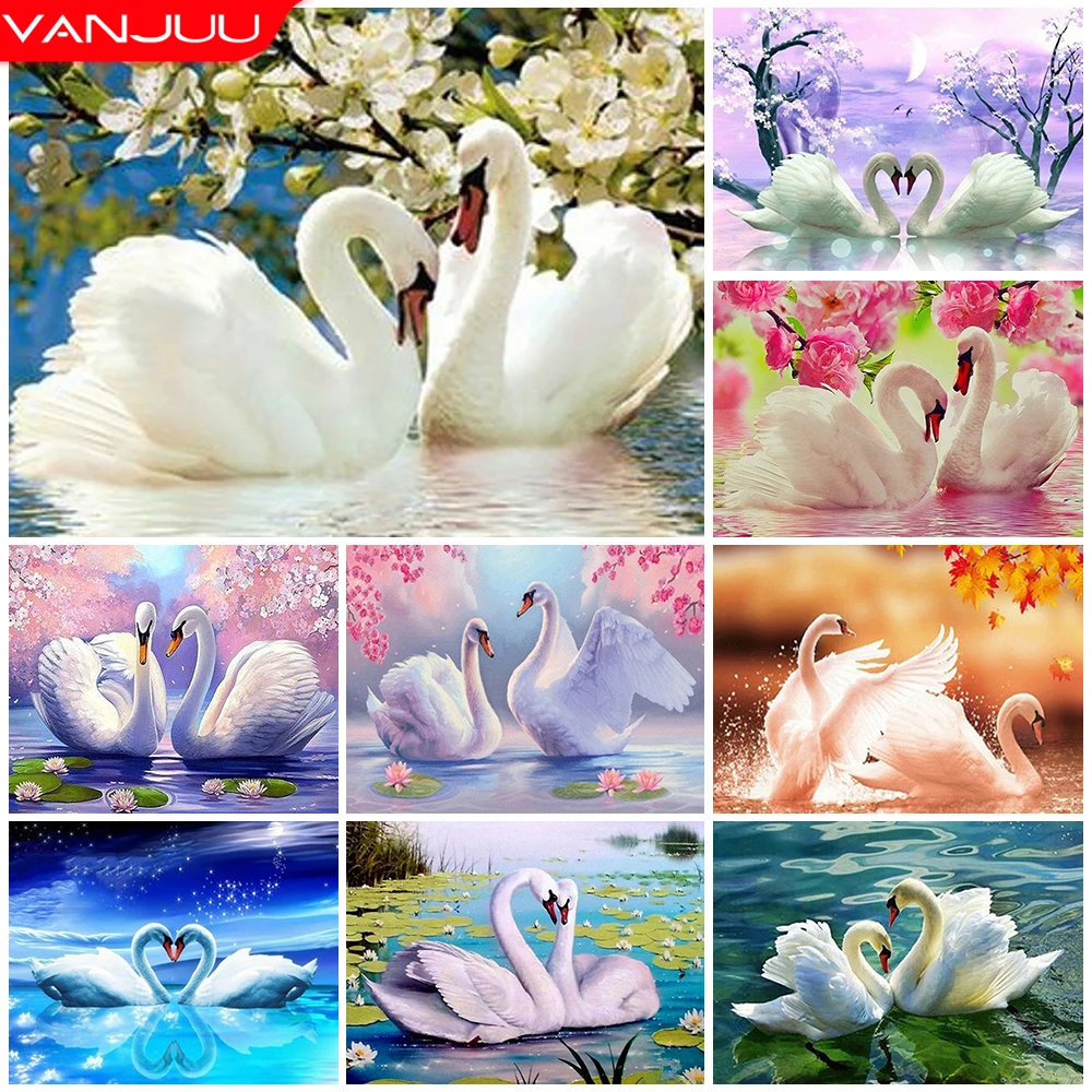 

Swan Diamond Painting Animal Full Round Mosaic Cross Stitch Kit Couple Rhinestone Picture DIY Wall Art Home Decor Gift