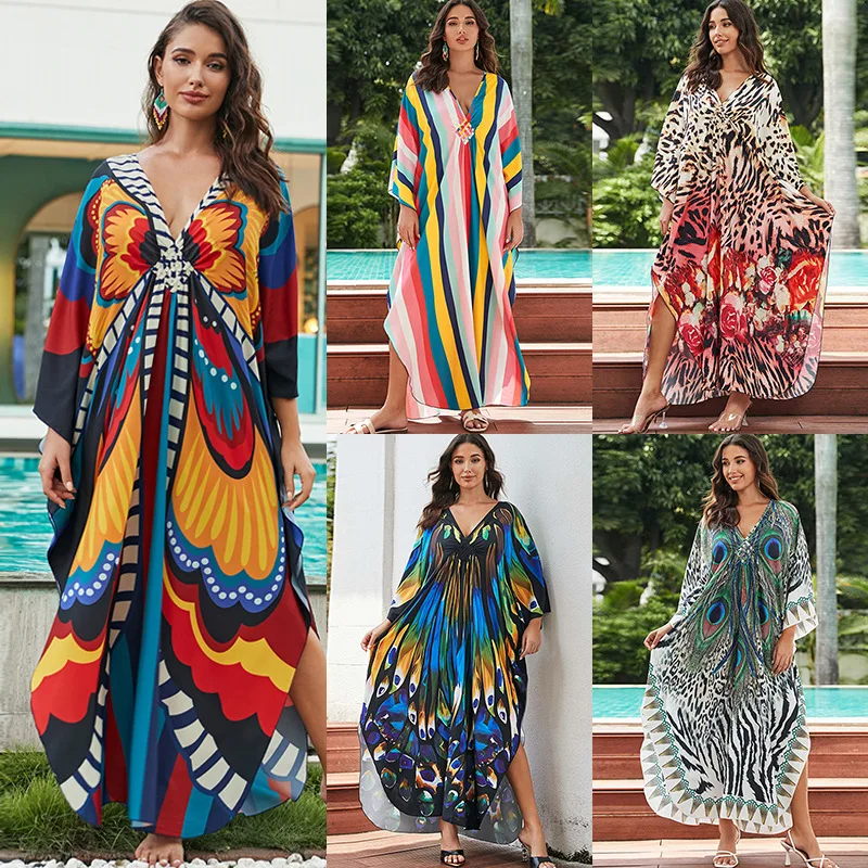 2025 Neue Frauen Ethnische Druck Kaftan Strand Kleid Badeanzug Plus Größe Badeanzug Cover Up Beachwear