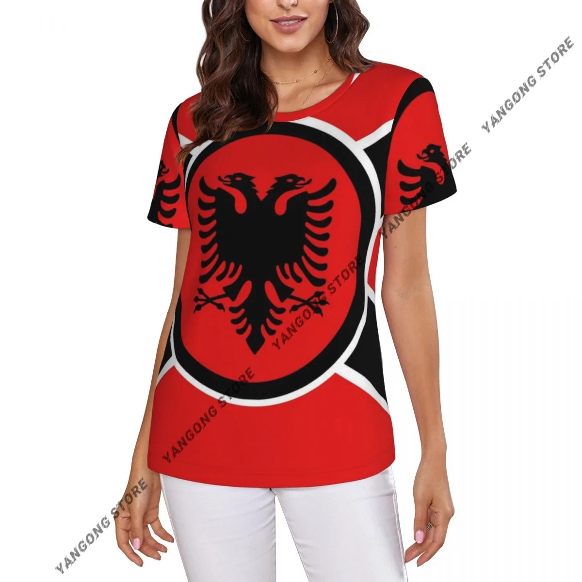 Womens Short Sleeve Albanian Flag Print Casual Tee Clothing Crewneck Woman T-Shirts