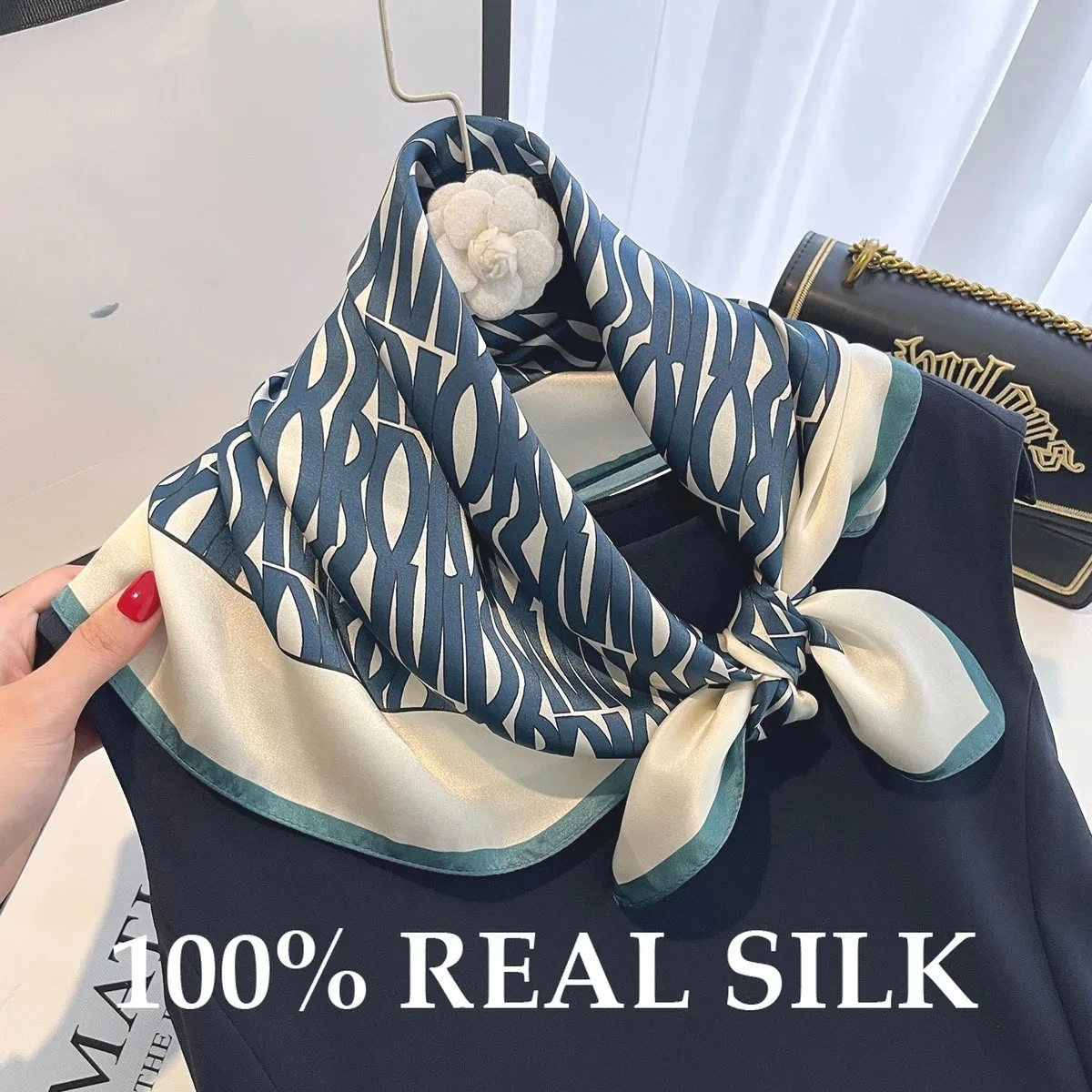 

Women 100% Real Silk Scarf 65cm Luxury Kerchief Spring Summer Neckerchief Brand Headband Flowers Hijab Handbag Decorate Bandana