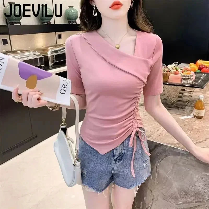 Chic Short Sleeved T-shirt V-neck Slimming Irregular Drawstring Design Crop Tops Women\'s Summer Korean Elegant Asymmetric Blouse