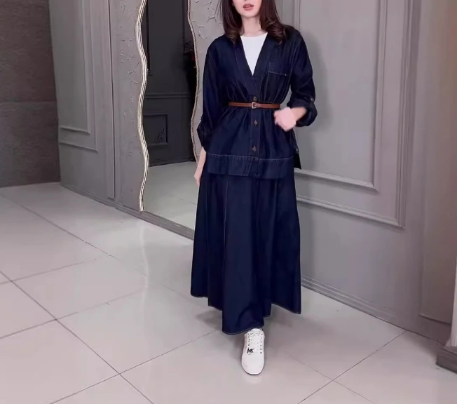 Women's Fashion Suits 2024 Autumn Winter Latest V-Neck Solid Color Long Sleeve Waist Cinching Vintage Denim Skirt Two-Piece Set