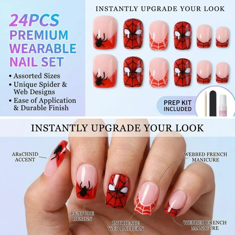 24 Piezas Uñas Presionadas de Halloween con Telarañas Espeluznantes, Rojas y Brillantes, Cuadradas, Tips de Arte de Uñas Góticas para Fiestas, Uñas Acrílicas Falsas 3