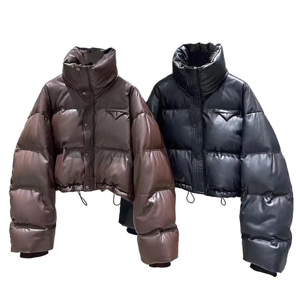 Winter Women Cotton Jacket Thick Warm Stand Collar Short Cottton Padded Coats Leather Quilted Jackets Female Snow Wear Parkas