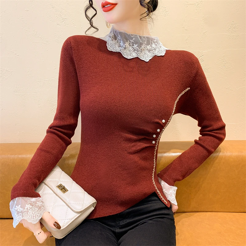 

2025, новинка, европейская, одежда, вязаный, свитер, женский, шикарный, сексуальный, с воротником-стойкой, пэчворк, кружево, блестящий, бисер, драпированный, с длинным рукавом, топы 51016