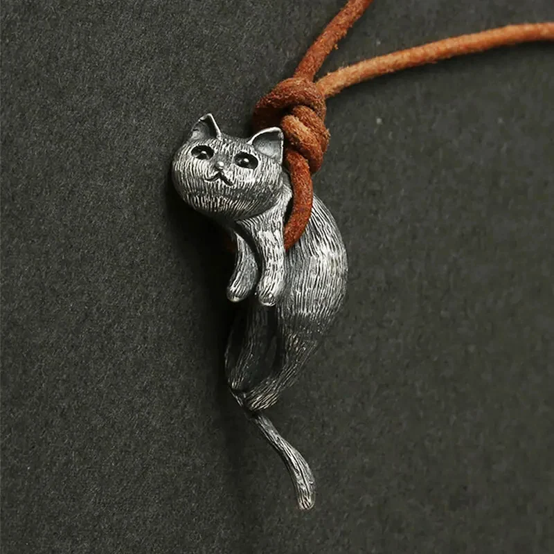 Vintage Cute Cat Dangle Necklaces for Women Men Brown Rope Couple Necklace Jewelry Valentine's Day Gift