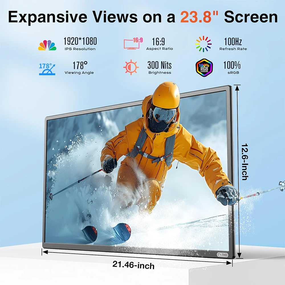 TCDSTAR nEWPortable Monitor 23.8'' 1080P FHD IPS Built-in Speaker 100Hz Laptop Extended Screen 90 Rotation VESA USB-C Plug-Play