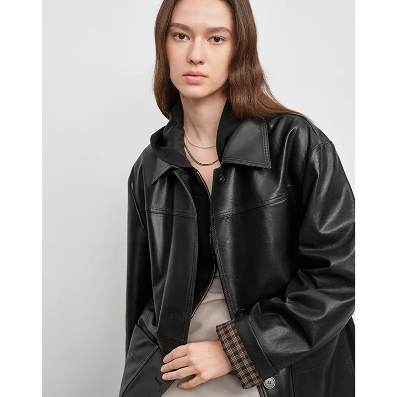 سترة من جلد الغنم الأصلي للخريف والشتاء للنساء باللون البني فضفاضة وجيب متوسط الطول من الجلد المدبوغ معطف واق من المطر ملابس خارجية #5