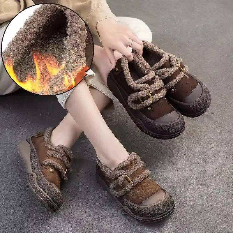 

GKTINOO 2025 Winter New Plush Warm Retro Versatile Loafers Genuine Leather Casual Thick Soled Women's Flat Platform Shoes