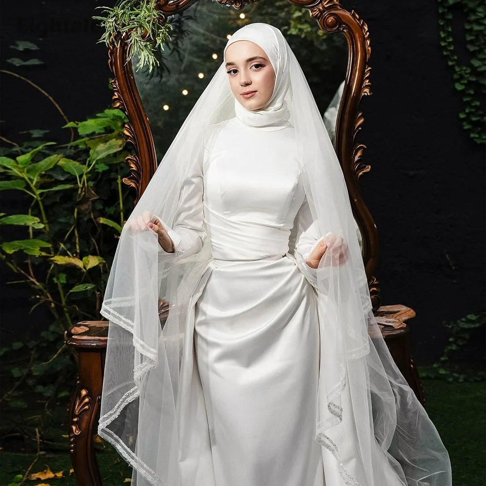 

Eightale арабское свадебное платье на заказ цвета слоновой кости с высоким воротом атласное свадебное платье мусульманская русалка с длинными рукавами вечернее платье невесты